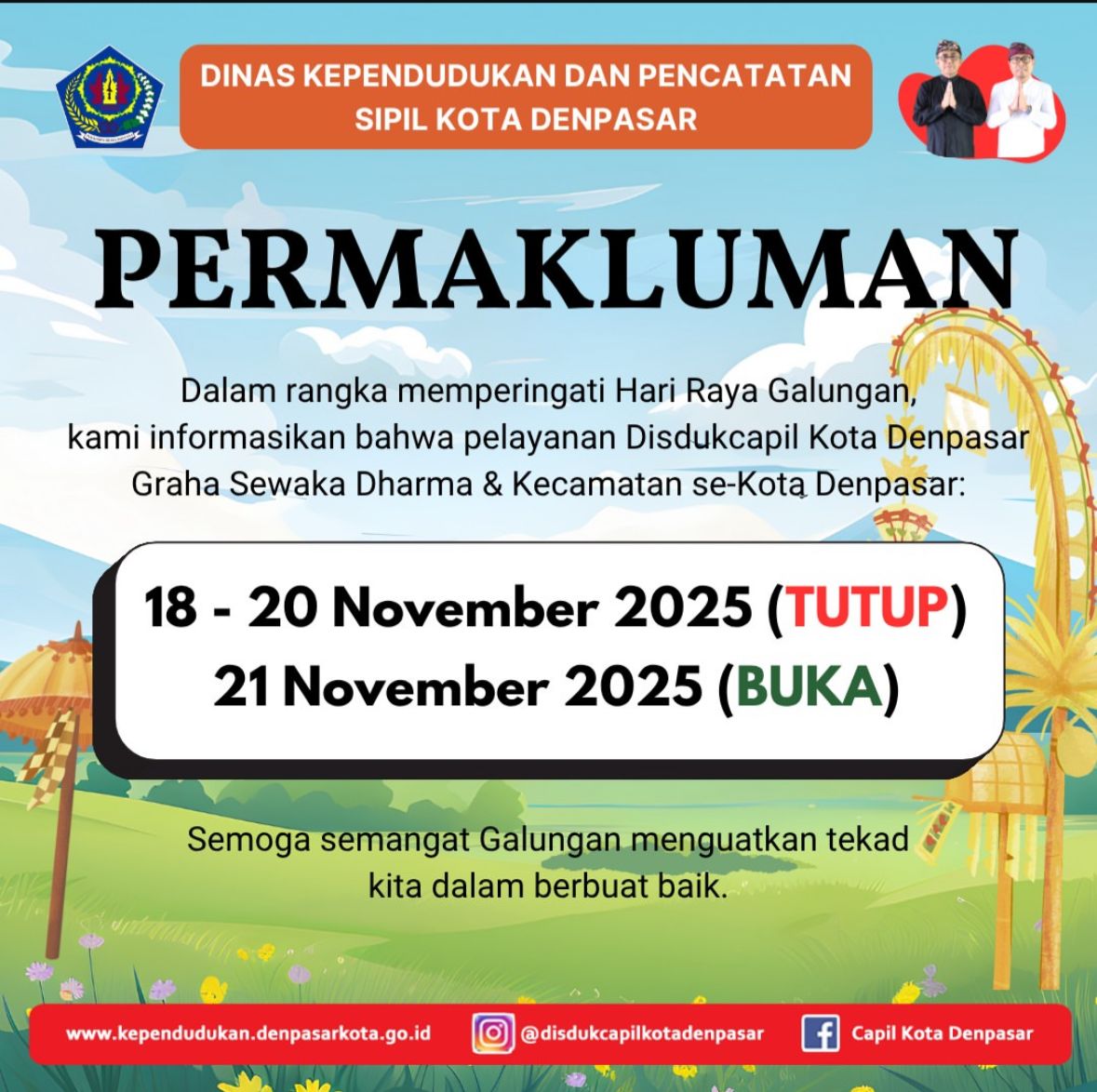Pelayanan pada Hari Raya Galungan 2025